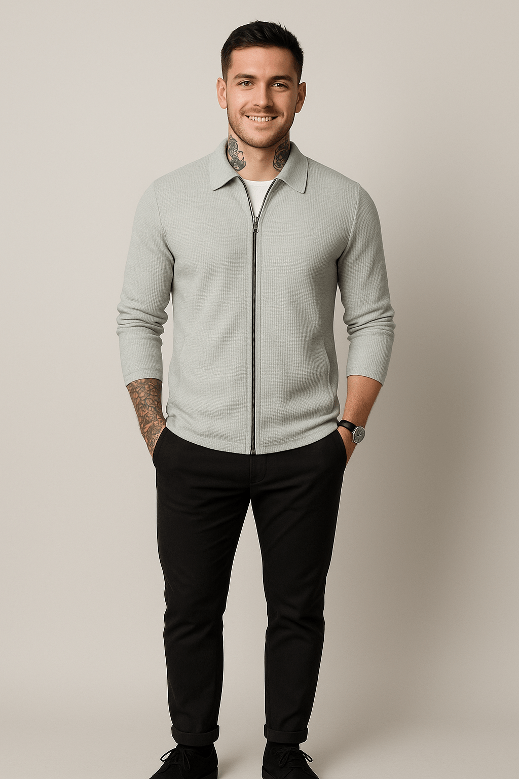 Men’s Zip Cardigan – Waffle Knit Layer with Modern Fit