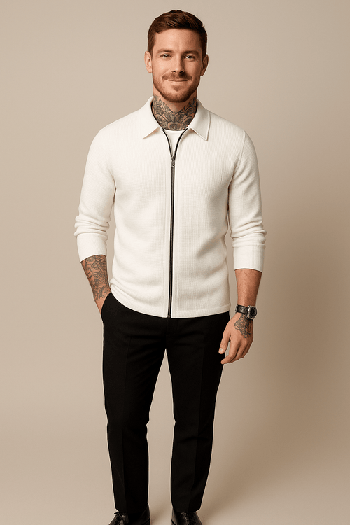 Men’s Zip Cardigan – Waffle Knit Layer with Modern Fit