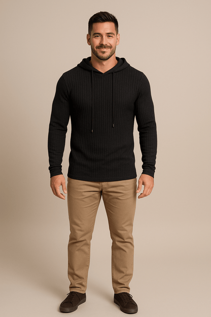 Men’s Ribbed Knit Hoodie – Slim Fit Drawstring Pullover