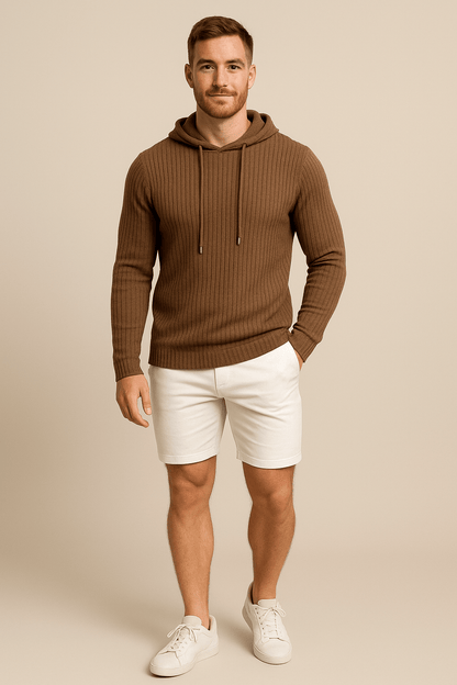 Men’s Ribbed Knit Hoodie – Slim Fit Drawstring Pullover