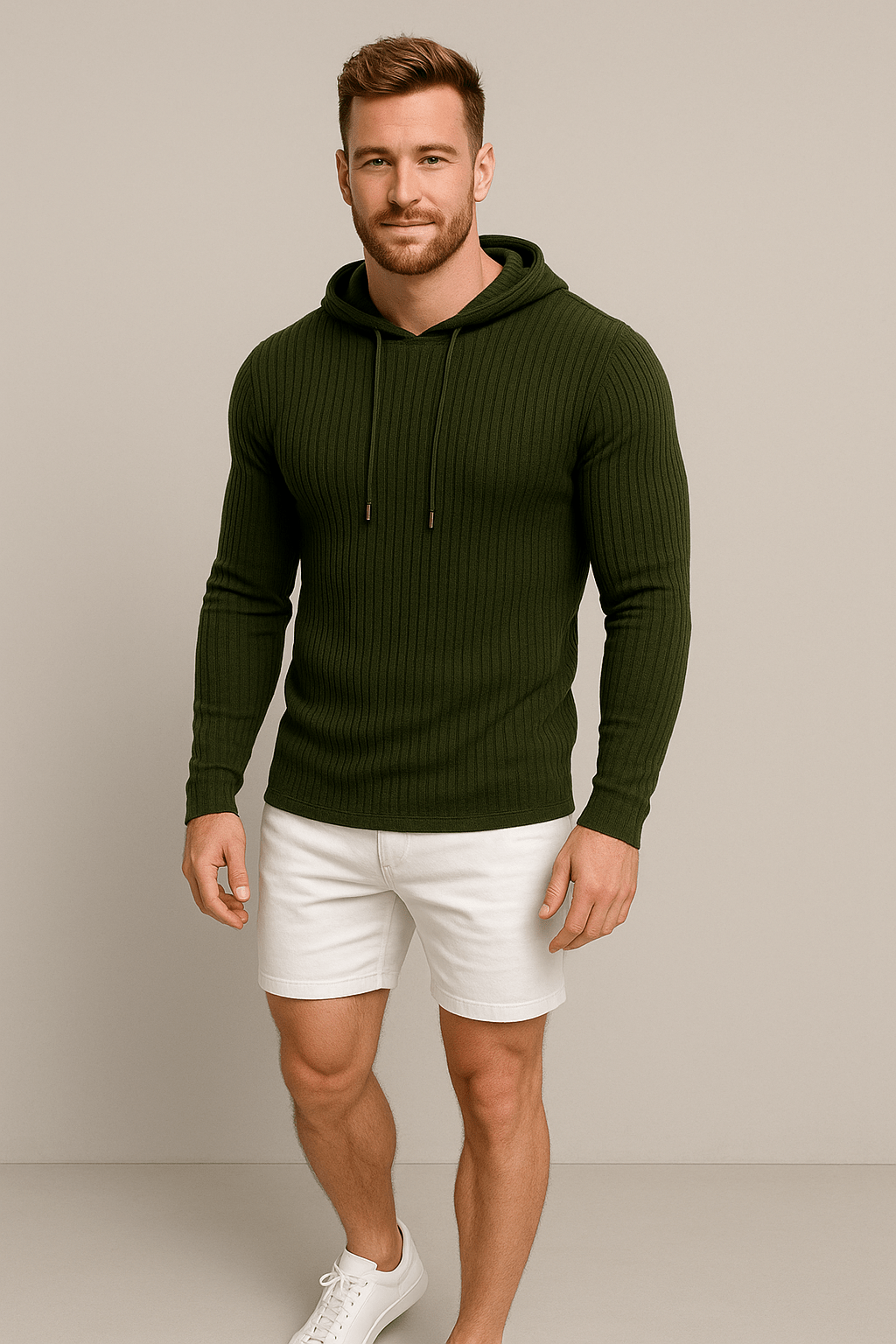 Men’s Ribbed Knit Hoodie – Slim Fit Drawstring Pullover