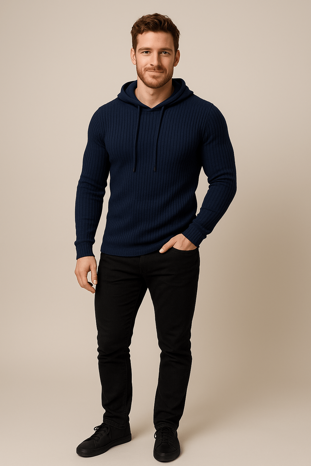 Men’s Ribbed Knit Hoodie – Slim Fit Drawstring Pullover