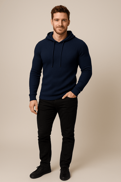 Men’s Ribbed Knit Hoodie – Slim Fit Drawstring Pullover