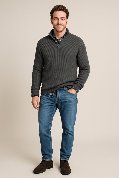 Men’s Half-Zip Sweater – Ribbed Knit Pullover with High Collar