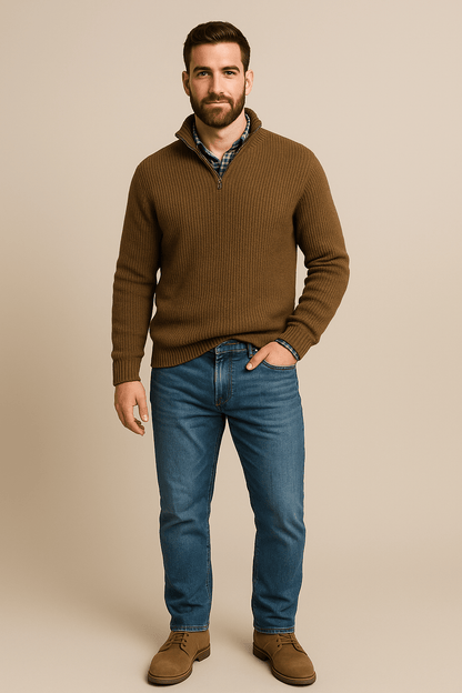 Men’s Half-Zip Sweater – Ribbed Knit Pullover with High Collar