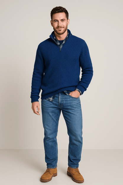 Men’s Half-Zip Sweater – Ribbed Knit Pullover with High Collar