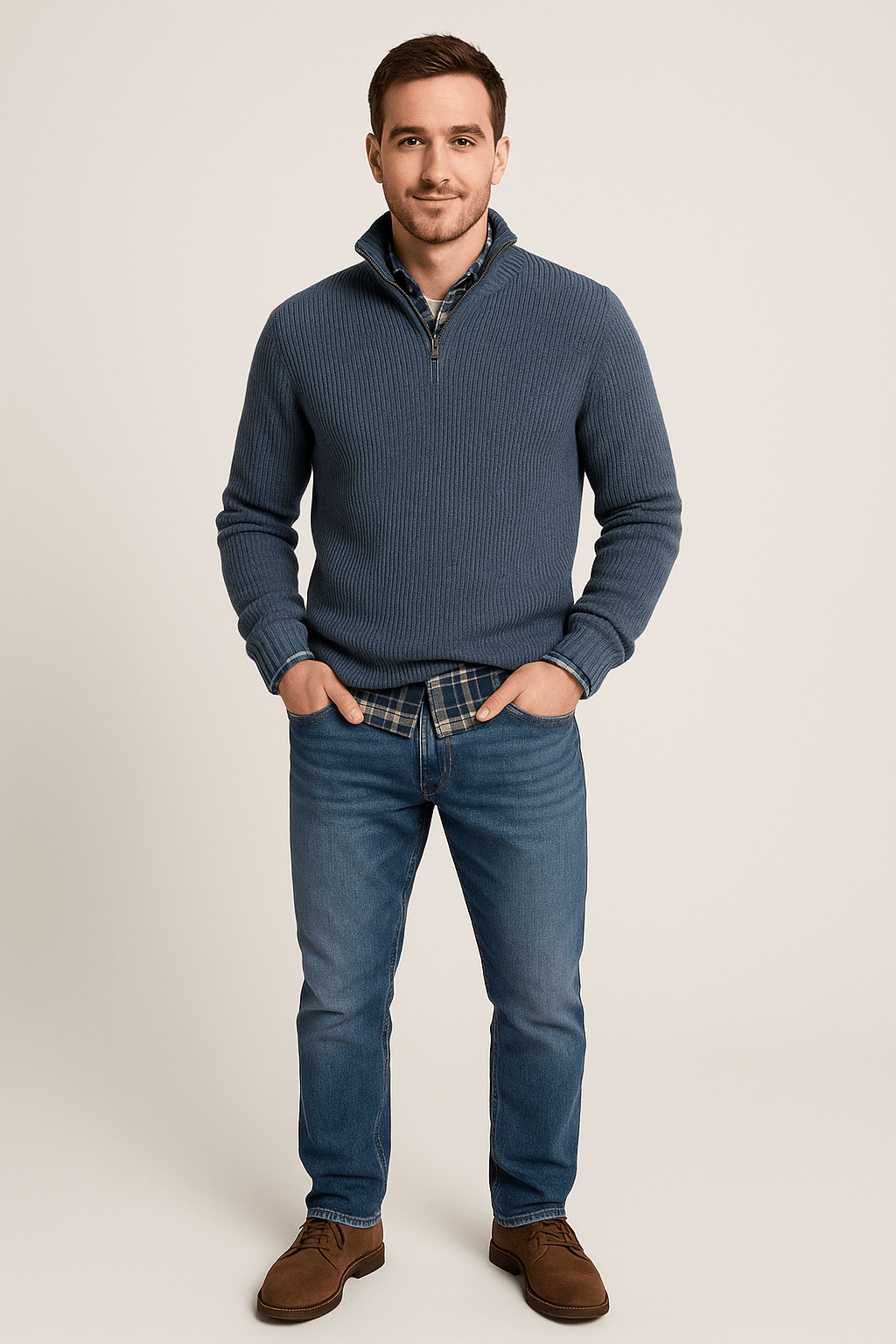 Men’s Half-Zip Sweater – Ribbed Knit Pullover with High Collar