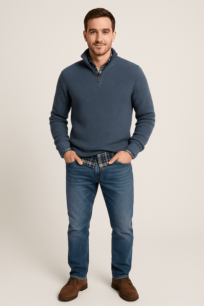 Men’s Half-Zip Sweater – Ribbed Knit Pullover with High Collar