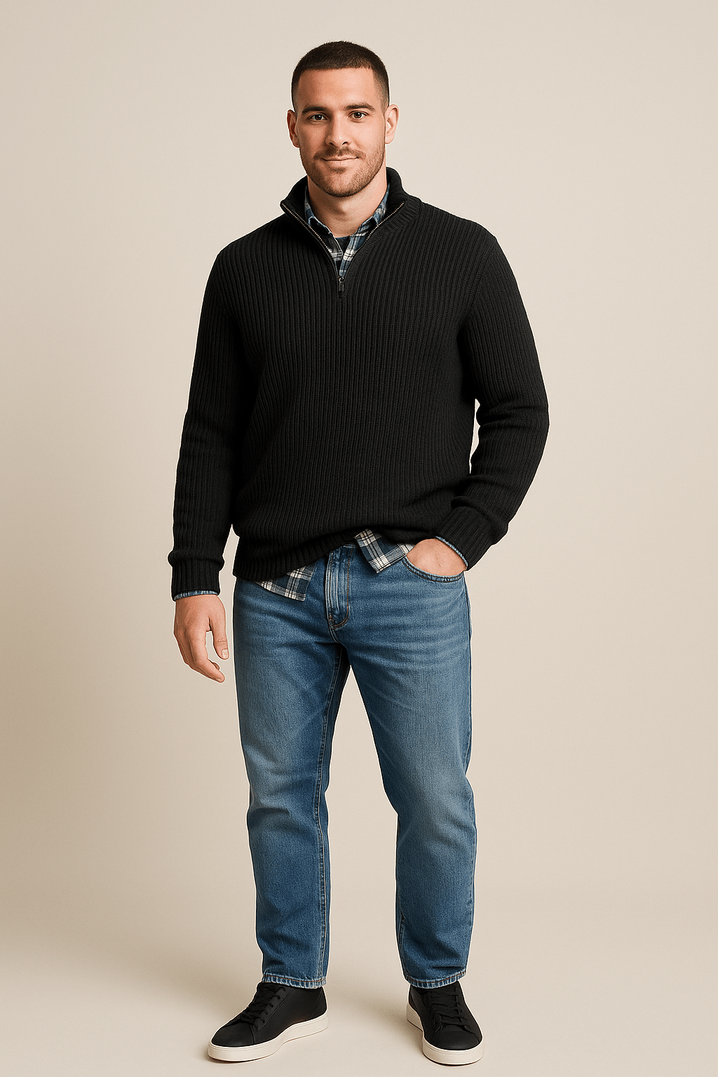 Men’s Half-Zip Sweater – Ribbed Knit Pullover with High Collar