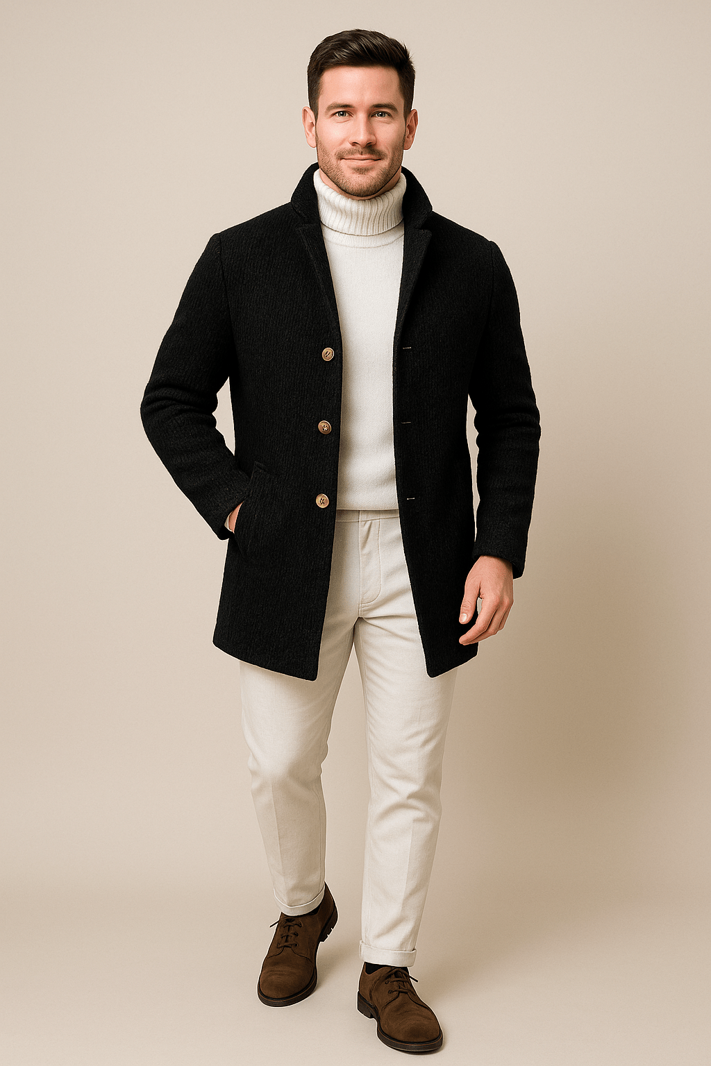 Men’s Chunky Knit Cardigan – Button-Up Sweater with Stand Collar