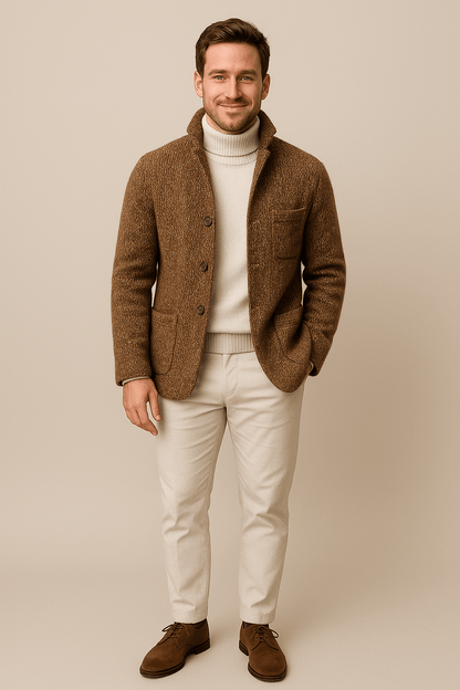 Men’s Chunky Knit Cardigan – Button-Up Sweater with Stand Collar