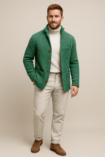 Men’s Chunky Knit Cardigan – Button-Up Sweater with Stand Collar