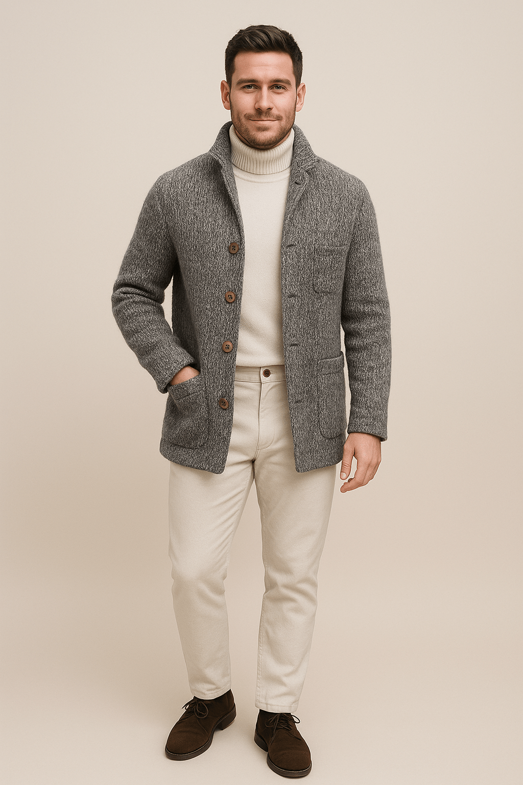 Men’s Chunky Knit Cardigan – Button-Up Sweater with Stand Collar