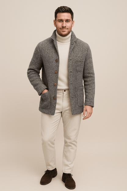 Men’s Chunky Knit Cardigan – Button-Up Sweater with Stand Collar