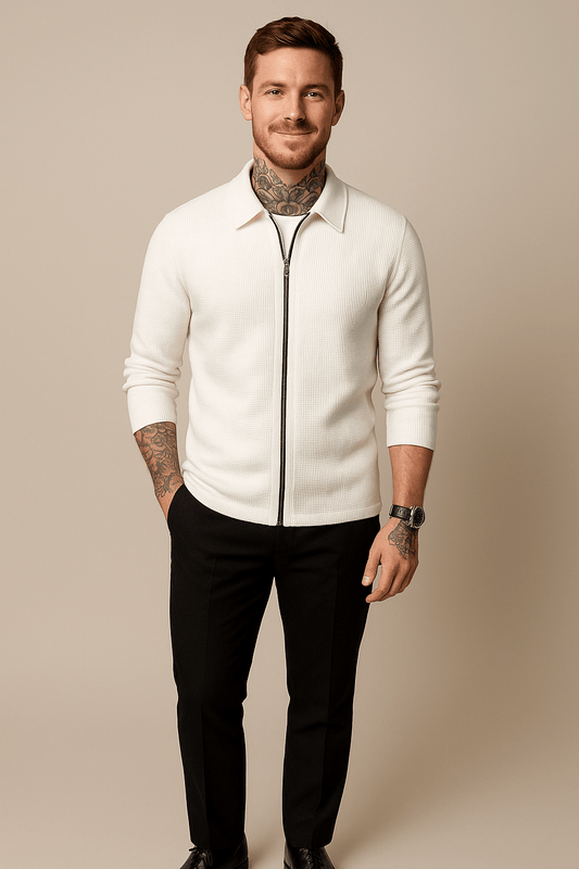 Men’s Zip Cardigan – Waffle Knit Layer with Modern Fit